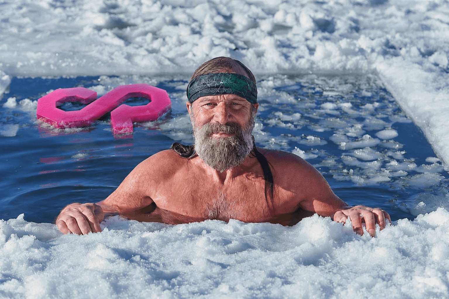 A bearded ice-bather surfacing in a frozen pool beside a pink Counterparty logo