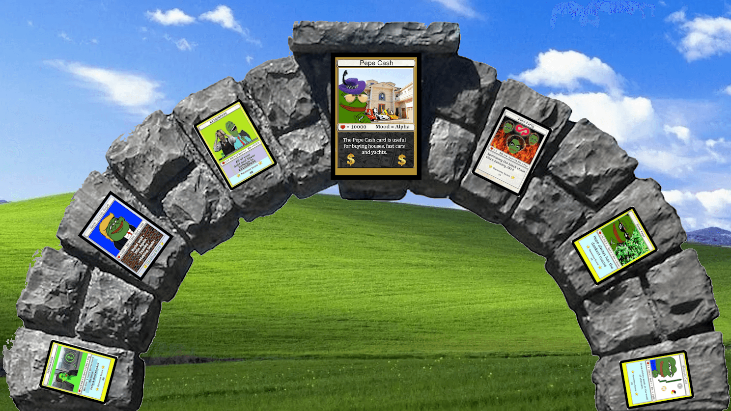 The Pepe Cash card as the keystone of a stone arch built from Rare Pepe cards