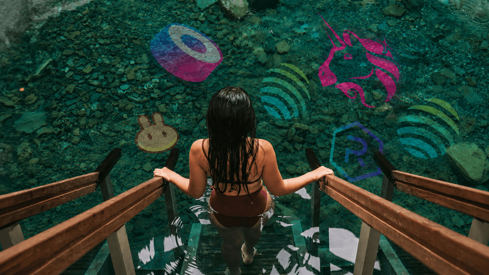 A swimmer wading into a clear natural pool, the logos of the major AMMs shimmering in the water
